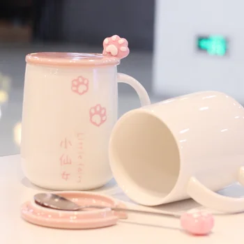 420ml Sevimli Kedi Pençe Kupalar Karikatür Ay Seramik İçme bardağı Yaratıcı Kahvaltı Süt Kahve kapaklı kupa Kaşık Kız Hediye İçin