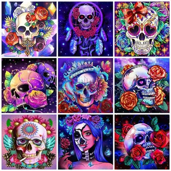 5D Elmas Boyama Cadılar Bayramı Renkli Kafatası Çiçekler Kare Yuvarlak DIY Nakış Manzara Mozaik Taklidi Resim Ev Dekor