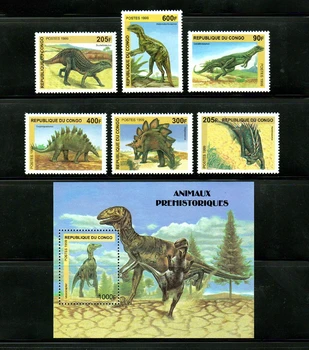 6 PCS+M, Kongo, 1999, Tarih Öncesi Hayvanlar-Dinozor Pulları, Hayvan Damgası, Gerçek Orijinal, Pul Koleksiyonu