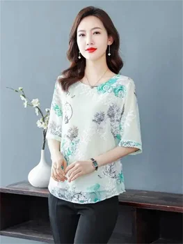 6XL Ince Kadın İlkbahar Yaz Bluz Gömlek Bayan Moda Rahat Kısa Kollu sıfır yaka bluzlar Baskı Blusas Tops TT2220
