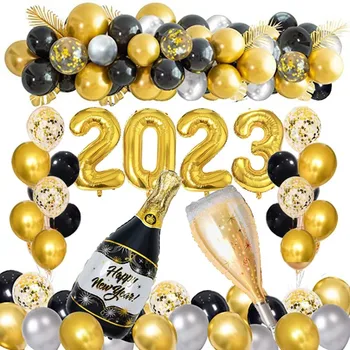 78 adet Altın Siyah Lateks Folyo Şişe şarap bardağı Balonlar 2023 Mutlu Yeni Yıl Arifesi Parti Süslemeleri Ev İçin Merry Christmas Noel
