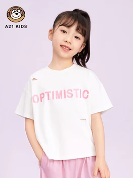 A21 kızın Örme kısa kollu tişört Gevşek Yuvarlak Boyun 2022 Yaz Yeni Mektup Baskı Kişilik Delik çocuk Rahat Üst
