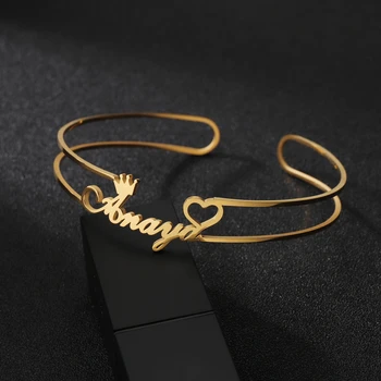 Acheerup Kişiselleştirilmiş Adı Kalp Bilezik Kadınlar için Paslanmaz Çelik Özelleştirilmiş Mektup 10mm Geniş Bilezik Altın Renk Takı Hediye