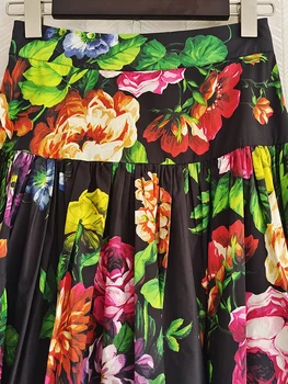 AELESEEN Kadınlar %100 % Pamuk Sicilya Etek Pist Moda Sonbahar Renkli Çiçek Baskılı Yüksek Bel Tatil Parti Tatil Poplin