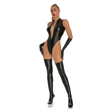AIIOU Seksi Siyah Patent PU Deri Bodysuit Kadın Erotik Bodysuit Eldiven ve Çorap Bandaj Teddies Metresi Porno Kostümleri