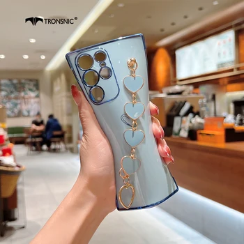 Altın Aşk Kalp Zincir Telefon Kılıfı İçin Samsung S22 S21 S20 Artı Ultra A53 A52 A12 Yumuşak Lüks Sevimli Bayan Glitter Landyard 3D Kapakları