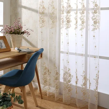 Altın İşlemeli Çiçek Sırf Perdeleri Oturma Odası için Zarif Şeffaf Tül Sürgülü cam kapi Pencere Perdeleri