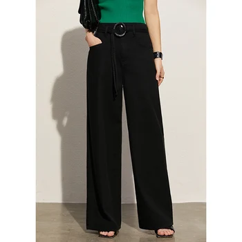 Amii Minimalizm İlkbahar Yaz Moda kadın Kot Rahat Yüksek bel kemeri Gevşek Uzun Streetwear kadın pantolonları 12170114