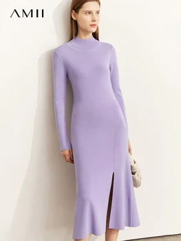 AMİİ Minimalizm Örme uzun elbise Kadınlar 2022 Güz Yeni Moda Yarım Yüksek Yaka Alt Bölünmüş Tasarım İnce Zarif Elbise 12241146