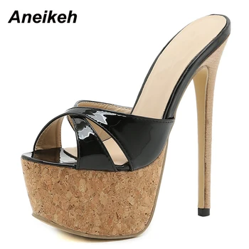 Aneikeh 2023 Yeni Seksi Süper Yüksek Topuk Patent Deri Turn-Over Kenar Kadın parti ayakkabıları Moda Platformu Peep Toe Kayma Katır