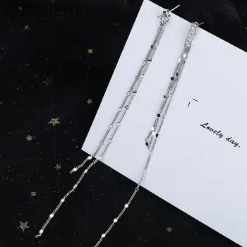 ANENJERY Gümüş Renk Uzun Zincir Püskül Asimetrik Damla Küpe Kadınlar için Ziyafet Bildirimi Zirkon Küpe Takı S-E1321