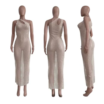 ANJAMANOR balık ağı tam örgü yaz elbisesi Kadınlar 2022 Seksi Plaj Tatil Kıyafetler Cut Out Bir Omuz Maxi Elbiseler D62-BH15