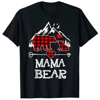 Anne ayı Noel pijama kırmızı ekose Buffalo aile T-Shirt grafik Tee anneler günü hediyesi