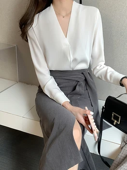 AOSSVIAO Kadın Moda Bluz V Yaka Uzun Kollu Bluz Gömlek Casual Tops İş Elbisesi Şifon Gömlek Blusas Mujer De Moda 2022