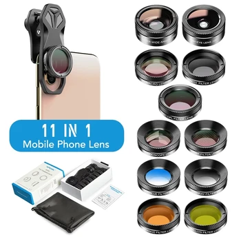 APEXEL 11 in 1 kameralı telefon Lens Kiti Geniş Açı Makro Tam Renkli/Grad Filtre CPL ND Yıldız Filtresi tüm cep telefonları Telefonu Aksesuarları
