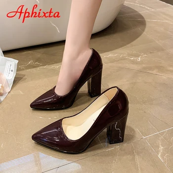 Aphixta 2022 Sonbahar 3.94 İnç Tıknaz Topuklu Kadın Ayakkabı Pompaları Şarap Kırmızı Rugan Seksi Parti Resmi Eğlence Artı Boyutu 33-46
