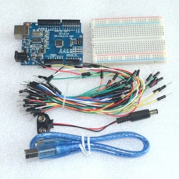 Arduino Uno R3 için Başlangıç Kiti-5 Öğeden Oluşan Paket: Uno R3, Breadboard, aktarma kabloları, USB Kablosu ve 9V Pil Konektörü