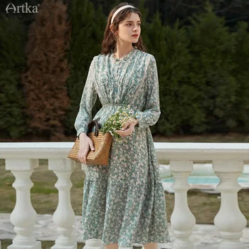 ARTKA 2022 Bahar Yeni Kadın Elbise Fransız Vintage Kırsal Çiçek Dantel Şifon Elbiseler Uzun Puf Kollu Fırfır Midi Elbise LA29026C