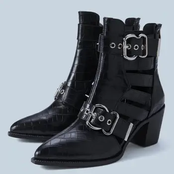 Avrupa Amerika Kadın Çizmeler PU 6.5 CM Kare Topuk Sivri Burun Geri Fermuar Sokak Tarzı İngiliz Tarzı Hollow Bayan Ayakkabı Yeni Siyah