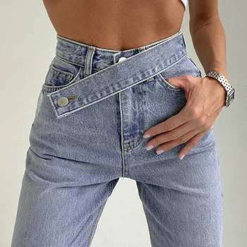 Bahar 2021 Kadın Düz Bacak Kot Moda Düzensiz Kemer Yüksek Belli Erkek Arkadaşı Kot Kadın Rahat Gevşek Harajuku Kot Pantolon