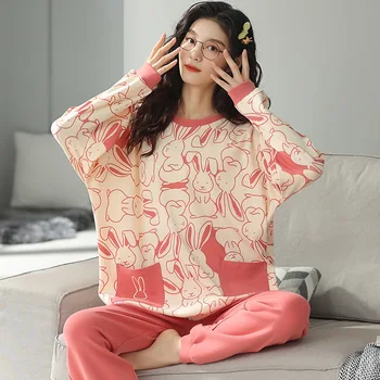 Bahar Sonbahar Yeni Kadın Uzun Kollu Pamuklu Gecelik Gevşek Rahat Konfor Bayan Yuvarlak Yaka Pijama Pijama Kıyafeti