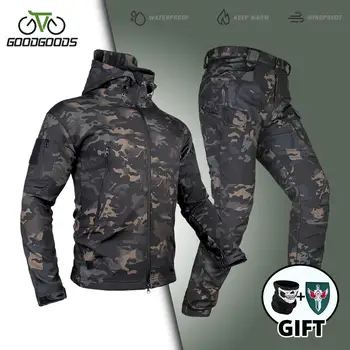 Balıkçılık kıyafetleri Taktik Ceketler + Pantolon Erkek Polar Ceket Ordu Rüzgar Geçirmez Camo Avcılık Takım Elbise Askeri Yürüyüş Yumuşak Kabuk Kış