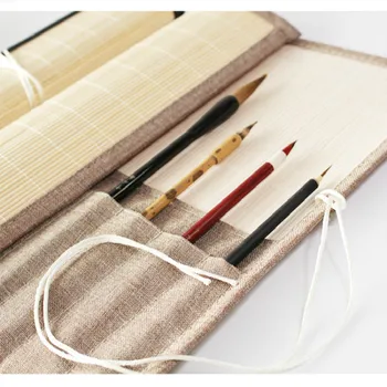 Bambu Kalem Çantası Fırça Saklama Torbaları Çin Kaligrafi Fırçası Kalem Kutusu Basit Taşınabilir Rulo Kaligrafi Boyama Fırça Tutucu
