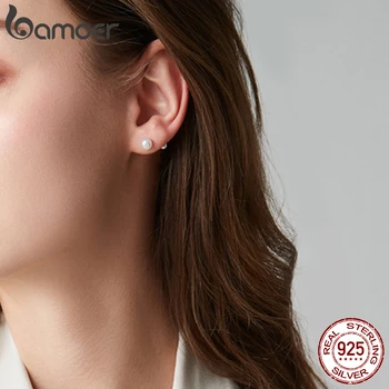 BAMOER 925 Ayar Gümüş Charm İnci Boncuk Vida Saplama Küpe Kadınlar İçin Trendy Mini Çiviler Güzel Takı