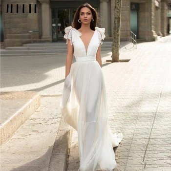 Basit V Boyun düğün elbisesi 2022 Yay Omuz Kolsuz Backless Şifon gelinlikler Robe De Mariée Mahkemesi Tren Plise Tasarım