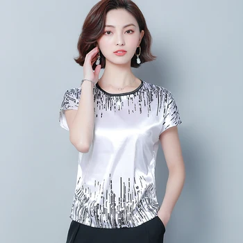 Baskı Gevşek Gömlek Saten kadın Bluz Yaz Büyük Boy Kısa Kollu Üst Rahat Moda Kadın 2022 Yeni Kore Giyim
