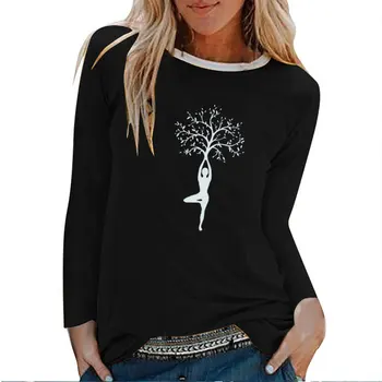 Bayan Ağacı Baskı Uzun Kollu T-shirt Kadın Sonbahar Kış Gömlek Kadınlar için Pamuk Grafik Tees Estetik Beyaz sıfır yaka bluzlar Kadın