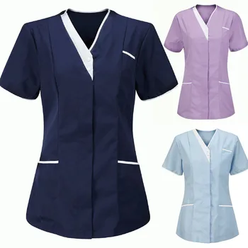 Bayan hemşire üniforması Tunik Klinik Üniforma Klinik Bakıcı V Yaka Koruyucu Üstleri Kadın iş elbisesi Uniformes Clinicos Mujer