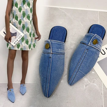 Bayan Sivri Burun Denim Kot Stilettos Terlik Pompaları Yüksek Topuk Arkası Açık İskarpin Ayakkabı Slaytlar Bayanlar Yeni 2022 moda 2022 sandalet
