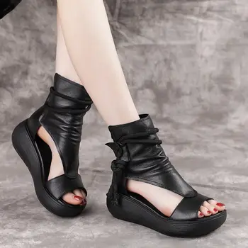 Bayanlar Yaz Sandalet Orta Topuk Takozlar Bayanlar Vintage PU Deri Artı Boyutu Sandalet Mujer Sapato Feminino 2022
