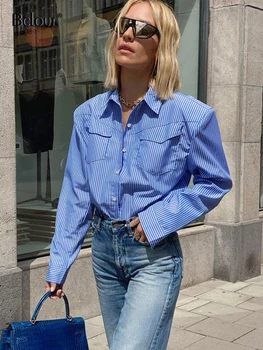 Bclout Vintage Mavi Şerit Gömlek Kadın Zarif Uzun Kollu Turn Down Yaka Bluzlar Kadın Sonbahar Gevşek Tek Göğüslü Bluzlar