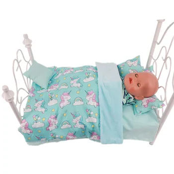 Bebek Aksesuarları Unicorn Pijama Yatak 5 parçalı set Çarşaf ve Battaniye Dollhouse Mobilya Uyar 43Cm Yeni Yeniden Doğmuş Bebek bebek