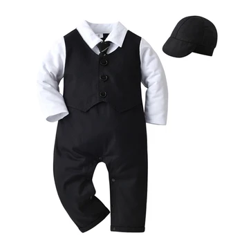 Bebek Erkek Giysileri Tulum + Şapka Çocuklar Yürümeye Başlayan Çocuk papyon Beyefendi Takım Elbise Düğün doğum günü partisi elbisesi Bebek Resmi Giyim