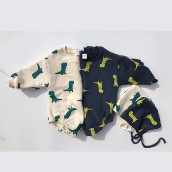Bebek Kıyafet Tulum Erkek Giyim Seti 6-24M Romper Şapka Bahar Sonbahar Yenidoğan Bebek Kız Erkek Tulum Pamuk Karikatür Dinozor