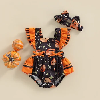 Bebek Kız Cadılar Bayramı kıyafetleri Fırfır Kolsuz Kabak Baskı Tutu Romper Bodysuit Kafa Bandı Güz Giysi Set