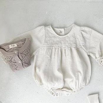 Bebek Kız Elbise Prenses Tatlı Yuvarlak Yaka İlkbahar ve Sonbahar Pamuk Katı Kapalı Düğme Tam O Boyun Bebek Tulum kızlar için