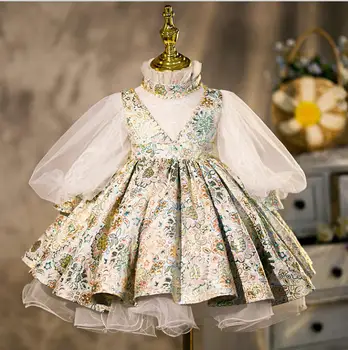 Bebek Kız Giysileri 1st Doğum Günü Tutu Elbise İnci Çiçek Dantel Vaftiz Akşam Parti Kıyafeti Uzun Kollu Prenses Elbiseler Düğün için
