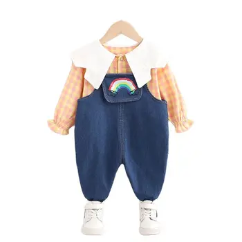 Bebek kız Giysileri 2022 İlkbahar Sonbahar çocuk kız 2 ADET Giyim Seti Ekose Gömlek Karikatür Baskılı Kazak Denim tulum Pantolon