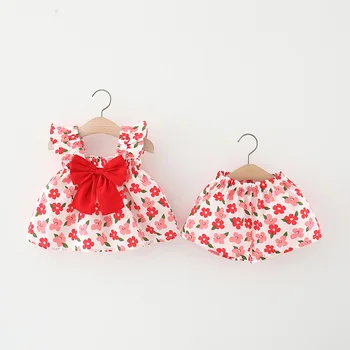 Bebek Kız Giysileri Kolsuz Elbise + Kısa Pantolon 2 ADET Kıyafetler Set Çiçek Baskılı Sevimli giyim setleri Yaz Bebek Sunsuit