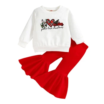 Bebek Kız Giysileri Kıyafetler Noel Araba Mektubu Baskı Uzun Kollu Kazak t-shirt ve Rahat Nervürlü Flare pantolon seti