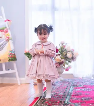 Bebek Kız Sonbahar Bahar Yaz Geyik Pembe Uzun Kollu Vintage İspanyolca Türk Lolita Prenses Elbisesi Elbise Rahat Doğum Günü