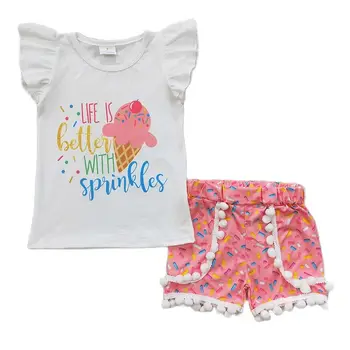 Bebek Kız Yaz Kıyafet Çocuk Çift katmanlı Kısa Kollu Mektup Gömlek Toptan Toddler Fırfır Şeker Şort Çocuk Seti