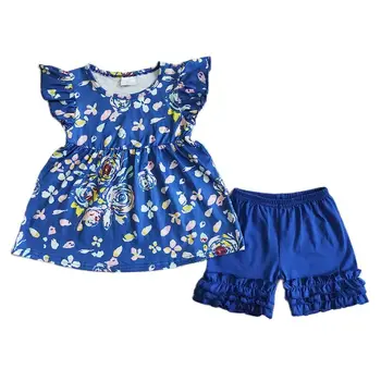Bebek Kız Çiçek Giyim Çocuk Yaz Çiçek Kısa Kollu Üst Toptan Toddler Pamuk Fırfır Mavi Şort Çocuklar Kıyafet Seti