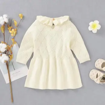 Bebek Sonbahar Kış Örme Sıcak Elbiseler Kıyafet Düz Renk Dokuma Fırfır Yaka Uzun Kollu Elbise Toddler Kız Vestidos