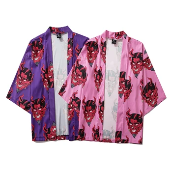 Bebovizi Japon Şeytan Baskı Kadın Harajuku Hırka Kimono Yaz Gevşek Gömlek Tops Casual Erkek Kimono Ceket Yukata Elbise