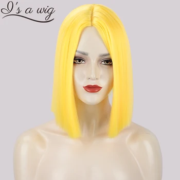 Ben bir peruk Sarı Cosplay Peruk Sentetik Kısa Düz Peruk Kadınlar için Mor Sarışın Renkli Peruk Orta Kısmı Doğa Saç